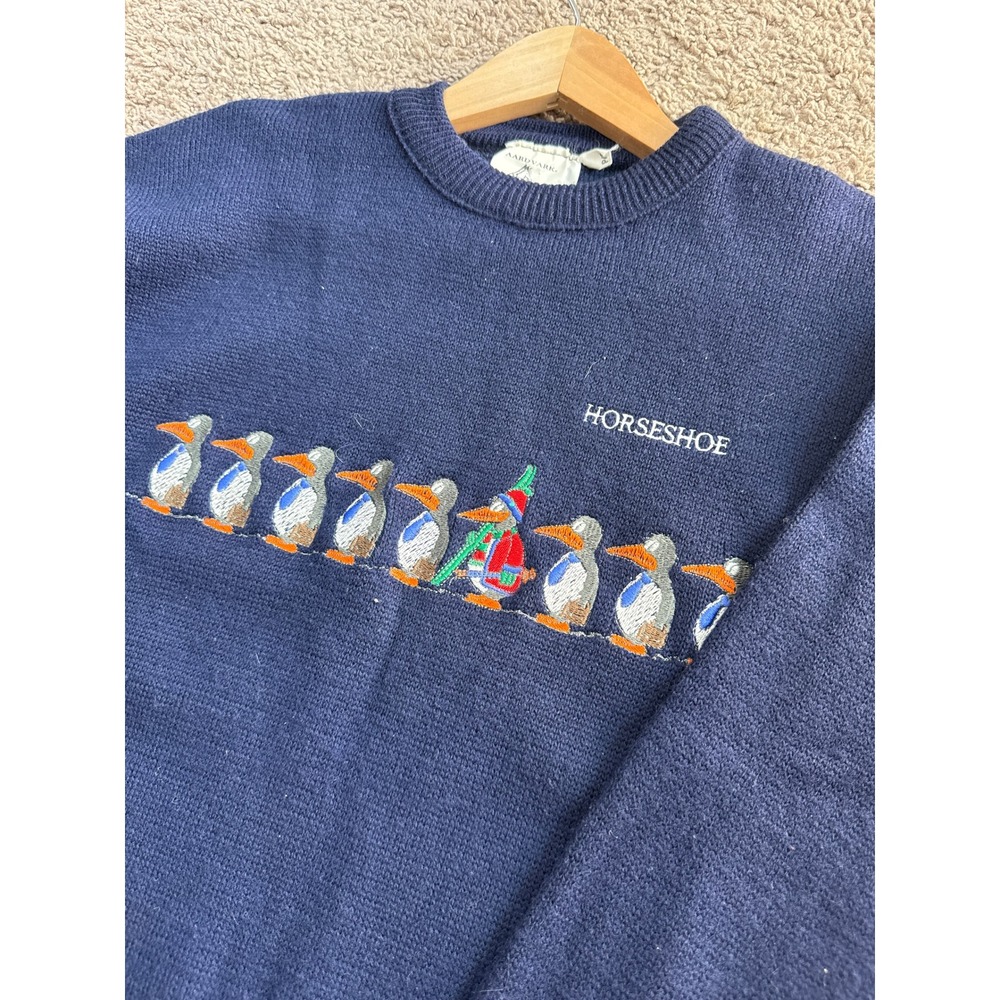 Vintage Aardvark Navy Blue Embroidered Penguin Horseshoe Crewneck Sweater L